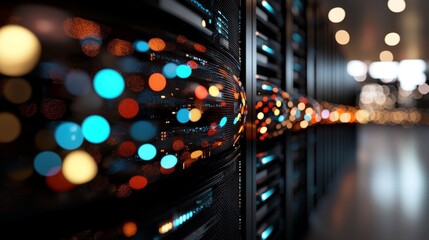 Poster - Visualization of a working data center corridor filled with rack servers and supercomputers, marked with a high danger skull icon