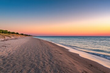 Poster - Calm sunset over empty beach with soft sand and serene horizon for peaceful contemplation Generative AI