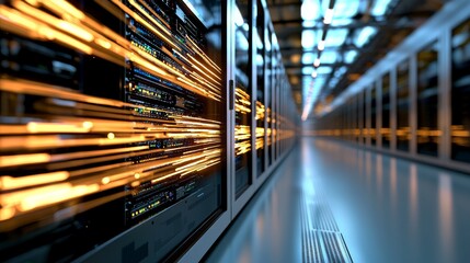 Poster - Rows of rack servers in a working data center are connected with lines visualizing their Ethernet connections