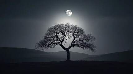 Wall Mural - a monochromatic image of a tree beneath the moon in a hilly landscape