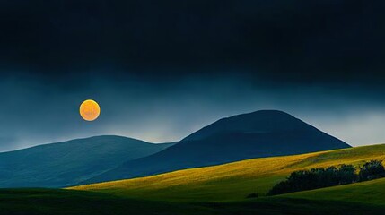 Wall Mural - full moon rising over mountain range against dark sky with yellow grass in foreground