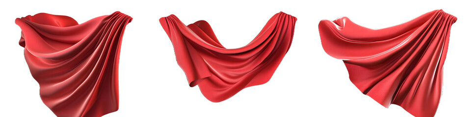 Poster - Set of flying 3d red drapery fabric cloth, isolated on transparent background. Generative AI