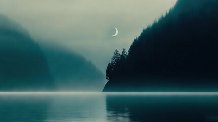 Wall Mural - a hazy evening, with half moon shining above a lake surrounded by trees on either side