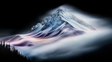 Wall Mural - a foggy sky, with a solitary mountain peak and lush pine trees at its base