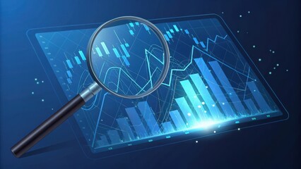 Aufkleber - Market Analysis: A magnifying glass hovers over a digital tablet displaying intricate stock charts and graphs, symbolizing data analysis and financial insights. 