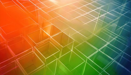 Aufkleber - transparent geometric cube grid with vibrant gradient hues of orange, green, and blue, creating a futuristic abstract design

