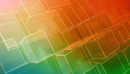 Poster - transparent geometric cube grid with vibrant gradient hues of orange, green, and blue, creating a futuristic abstract design

