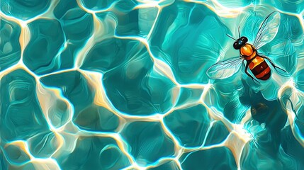 Wall Mural - a close-up of a bee swimming in water with rocky background and water ripples