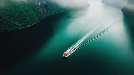 Wall Mural - a bird's-eye photo of a ship amidst a lake with distant mountain peaks shrouded by misty haze