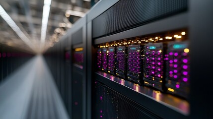 Poster - The interior of a cutting-edge data center with rows of operational server racks, symbolizing cloud computing, stock, and database management, all set against a backdrop of pink neon lighting