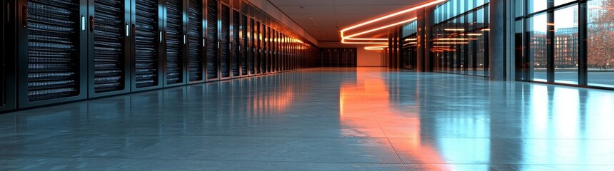 Poster - The scene depicts a functioning data center with rack servers lined up in rows, illuminated by the soft glow of dark ambient lighting and punctuated by the blinking of red emergency LEDs