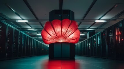 Poster - A data center is showcased with numerous rows of server racks in full operation, highlighting modern telecommunications, cloud computing, and stock database management, all set against a dark