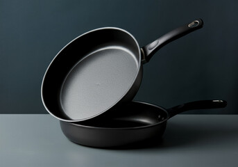 set of modern non-stick frying pans with black handles