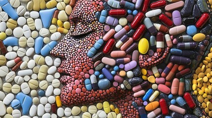 Aufkleber - Intricate mosaic art showcasing a human silhouette crafted from colorful pills in a detailed arrangement Generative AI