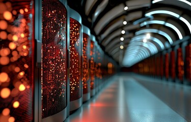 Poster - The illustration showcases a data center with server racks and an IT working server room featuring rows of supercomputers, symbolizing information technology, cyber network, data hosting, backup,