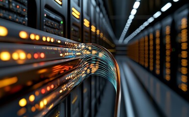 Poster - Server racks are housed in a computer network security server room within a data center, shown through 3D rendering