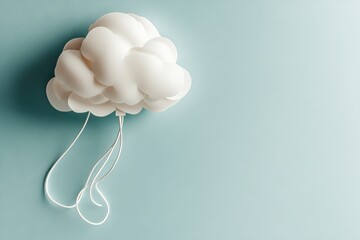 Poster - The idea of cloud technologies is represented by a white cable connected to a cloud on a blue background, symbolizing data transfer to cloud storage in a top view flat lay close-up with copy space