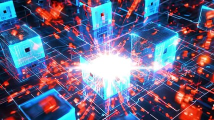 Poster - Digital Network: Captivating view of interconnected cubes, vibrant with radiant blue light, sparks of energy and intricate circuitry, symbolizing the core of technology and digital evolution