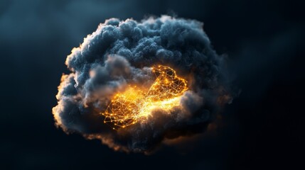 Poster - Cloud computing technology is based on the concept of transferring databases to the cloud, symbolized by a large cloud icon at the center, with connected polygons and a small white icon, on a dark