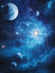 Poster - Dreamy cosmic landscape featuring interconnected symbols and glowing lines in a vibrant nebula with planets drifting through space