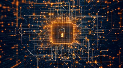 Poster - Digital network with glowing circuitry and a padlock symbolizing cybersecurity and data secure blockchain transactions.