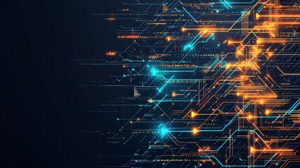 Poster - Abstract digital illustration featuring glowing lines and nodes in blue and orange against a dark background, suggesting technology and connectivity.