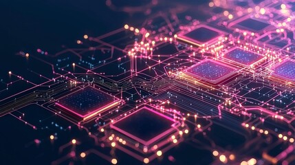 Poster - Digital circuitry with glowing lines and geometric shapes, representing blockchain network connected technology and innovation.