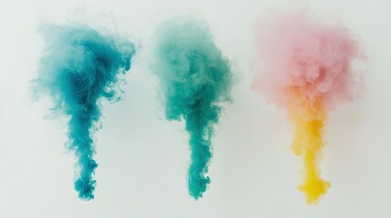 Wall Mural - three distinct colored clouds of smoke on a white backdrop one cloud features a red hue, another dis