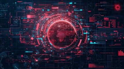 Poster - Digital globe with futuristic design elements in vibrant red and blue tones, representing technology and global connectivity.