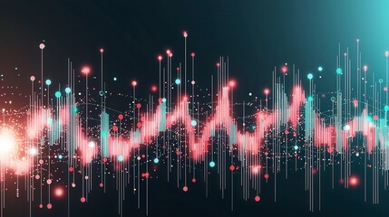 Poster - Digital graph depicting business risk analysis visualization with vibrant colors and glowing particles against a dark background.