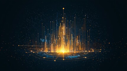 Poster - Abstract digital visualization showing glowing vertical lines and particles in a dark background, evoking a futuristic cityscape.