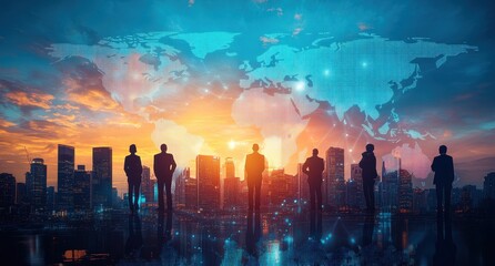 Poster - Silhouetted Business People Overlooking a Modern City Skyline with Digital World Map and Colorful Sunset Background