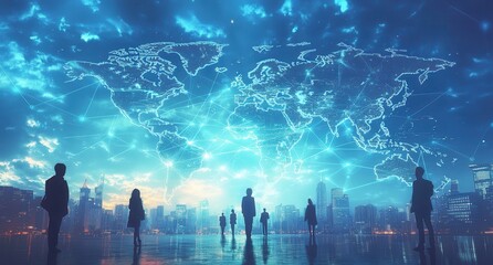 Poster - Silhouetted Business People Standing Against a Digital World Map with Connecting Lines and a Vibrant City Skyline at Dusk