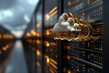 Poster - Cloud storage technology along with online data storage, including cloud computing and hosting, depicted as a white cloud on a blue background, is shown in a 3d render illustration, labeled as stock