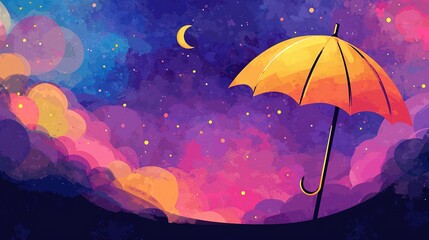 Wall Mural - a canvas depicts a yellow umbrella against an ethereal backdrop of purple, blue, and pink hues the s