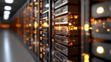 Poster - A modern server room lies empty, filled with large servers, wires, and buttons, facilitating data storage, cloud storage, and housing a mining farm