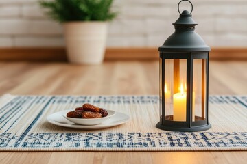 Poster - Ramadan still life composition with prayer rug, lantern, and dates