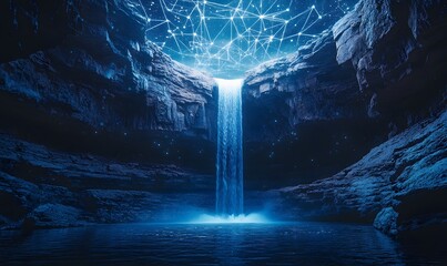 Poster - Mystical waterfall with connected network above the rock formation landscape view