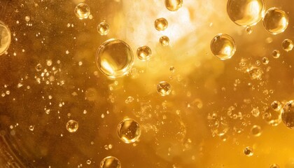 Poster - golden oil bubbles floating in liquid with warm light, abstract macro background for beauty, skincare, and science themes