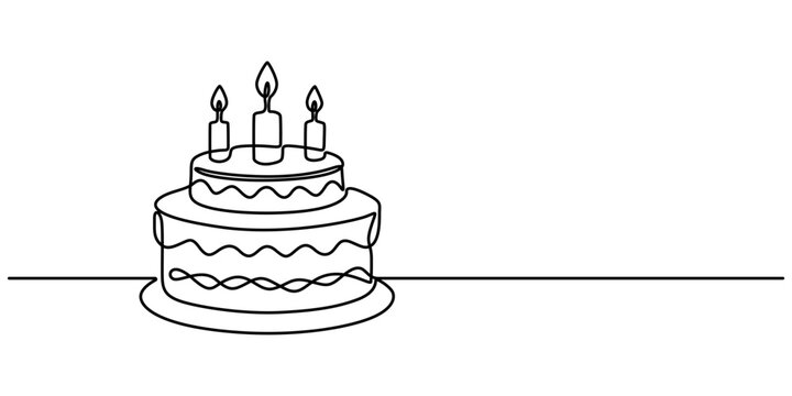 Continuous Line Drawing of Birthday Cake. Sweet Dessert Continuous One Line Drawing of Cake Vector Simple Linear Illustration, Happy Birthday Icon. Hand Drawn Symbol Vector Illustration, celebration.