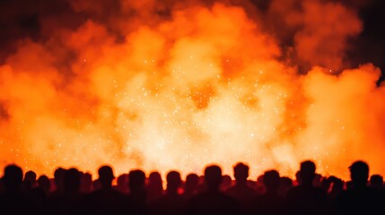 Poster - Crowd watching burning holika dahan effigy at night during holi festival