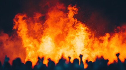 Poster - Crowd cheering and raising hands at holika dahan festival with intense flames