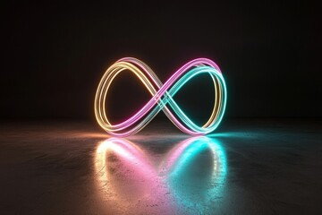 Poster - A 3D render of an infinity symbol is depicted in neon light, looping continuously and emitting quantum energy across the ultraviolet spectrum, with a vibrant, glowing line in pink, blue, and violet
