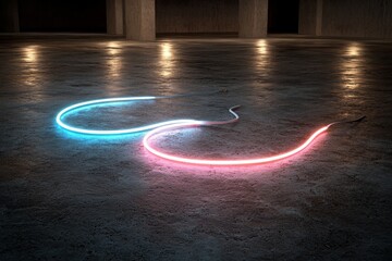 Poster - A 3D rendering featuring neon lights, a laser show, and impulse charts showcasing the ultraviolet spectrum with pulse power lines, quantum energy, and vibrant pink, blue, and violet glowing lines set