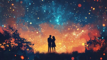 Aufkleber - Couple embraces under a starry sky with a warm glow creating a dreamy romantic atmosphere