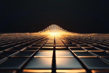 Poster - A 3D render featuring an orange neon light set against an abstract ultraviolet background with a laser grid, virtual network, and glowing lines