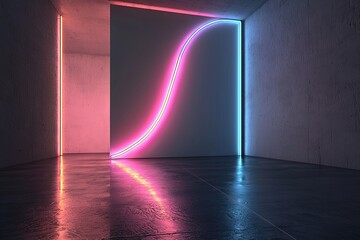 Poster - The floor is adorned with glowing, dynamic wavy lines set against an abstract background in a 3D render, lit by blue and pink neon lights that fall within the ultraviolet spectrum