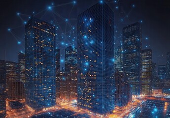 Poster - urban landscape with digital network connections, futuristic city at night, illuminated skyscrapers 