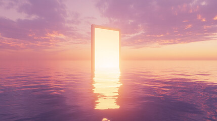 Poster - Luminous door in calm ocean at sunset, reflecting light, creating serene and hopeful scene, suitable for spiritual or travel concepts