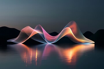 Poster - A 3D rendered abstract background is characterized by dynamic wavy lines on the floor that glow with pink, blue, and neon hues, falling within the ultraviolet spectrum